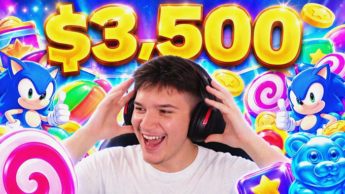 A young man wearing headphones reacts with excitement in front of a colorful casino-themed backdrop featuring Sonic the Hedgehog characters, candy, and coins, with the bold text "$3,500" displayed prominently above him. The image ties to the post promoting his first YouTube video about winning money, likely from gambling on Stake.