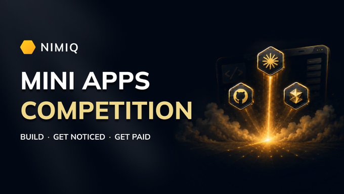 A promotional banner for the 'NIMIQ MINI APPS COMPETITION' featuring the tagline 'BUILD · GET NOTICED · GET PAID' alongside golden hexagonal icons representing coding platforms.
