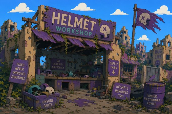 An illustrated post-apocalyptic scene of a 'HELMET WORKSHOP' shop in a ruined area, featuring various humorous warning signs like 'FIXED NEVER IMPROVED SOMETIMES', 'NO LIQUIDITY NO PROBLEM', and 'DANGER: QUESTIONABLE ADVICE', with broken buildings in the background.