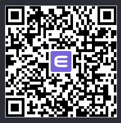 A QR code with a purple logo in the center featuring a white stylized icon.