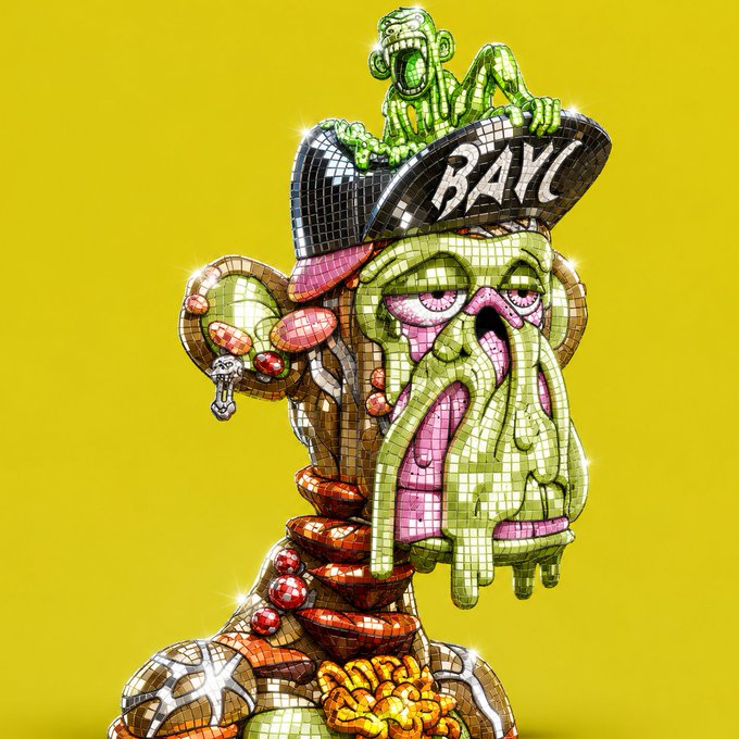 A groovy, mosaic-style zombie-like creature wearing a cap labeled "BAYC" (Bored Ape Yacht Club) along with a small monkey on top holds a keychain, fitting the post's groovy "Good morning my friends" greeting vibe.