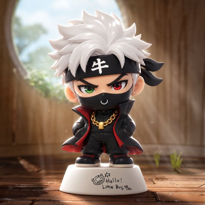 A chibi-style figurine of an anime character with white spiky hair, a black mask, a black headband with the Chinese character '牛' (ox), and a black outfit with red lining, standing on a white base that reads 'Hello! Little Bug'.