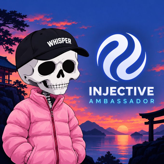 A cartoon-style graphic of a skeleton wearing a pink puffer jacket and a 'WHISPER' cap, set against a Japanese sunset background with 'INJECTIVE AMBASSADOR' text.