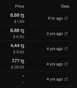 A dark-themed price history list showing transactions: 8.88 ₺ ($1.89) 11 hr ago, 8.88 ₺ ($6.50) 2 yrs ago, 4.44 ₺ ($9.96) 4 yrs ago, 7.77 ₺ ($28.56) 4 yrs ago, and a blank entry 4 yrs ago.