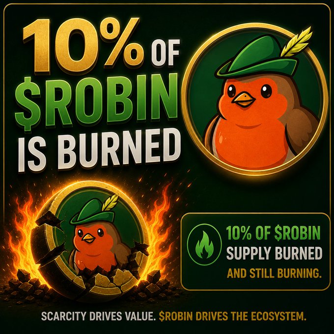 A promotional graphic with a green and gold theme announcing '10% OF $ROBIN IS BURNED,' featuring a cartoon robin wearing a green hat, a burning coin, and the text 'SCARCITY DRIVES VALUE. $ROBIN DRIVES THE ECOSYSTEM.'