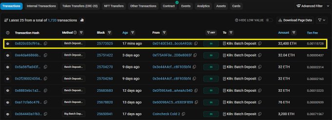 The image shows a blockchain transaction tracker displaying recent Ethereum transactions, with the top entry highlighted in a yellow box indicating a deposit of 32,400 ETH (worth approximately $61 million) from address "0x9ba40E543..." made 17 minutes ago. This visually supports the post's claim of a whale making a massive Ethereum purchase and staking it during a market dip.