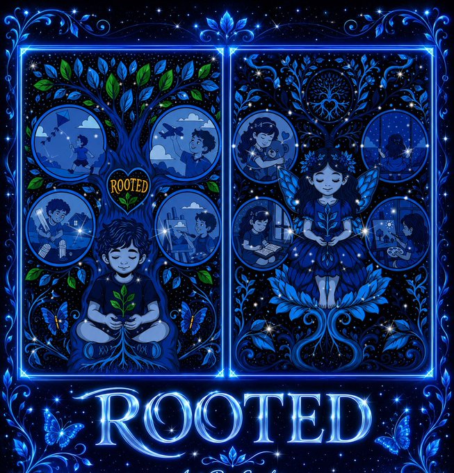 Blue neon-style digital artwork titled 'ROOTED' showing two children with trees, surrounded by circular vignettes of daily activities against a starry background.
