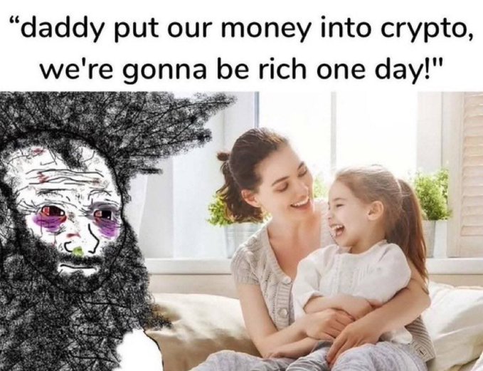 This meme juxtaposes a hopeful quote about cryptocurrency with a Wojak character representing financial ruin alongside a mother and child enjoying a happy moment, implying the latter is the result of wise financial decisions contrasted with the former's unfortunate outcome.