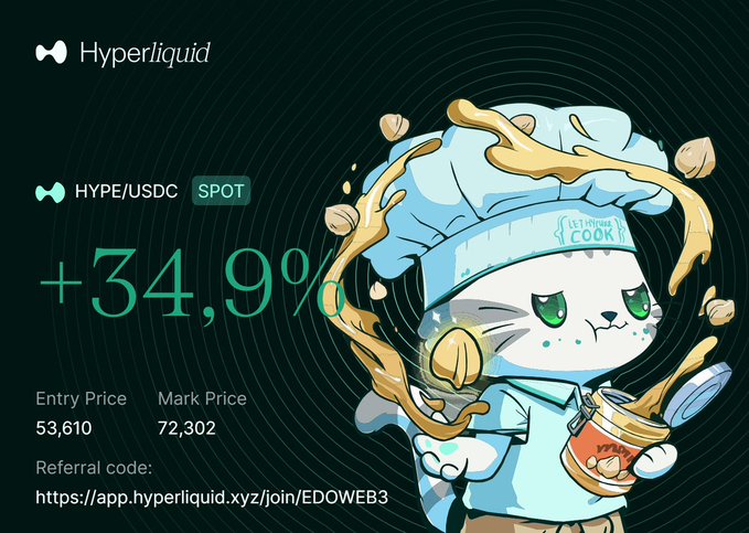 A Hyperliquid promotional image featuring a cute cat chef mascot, highlighting a HYPE/USDC spot trade with a +34.9% gain, showing an entry price of 53,610 and mark price of 72,302, along with a referral code link.