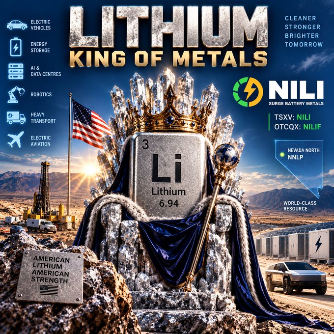Promotional graphic for NILI (TSXV: NILI, OTCQX: NILIF), titled 'LITHIUM KING OF METALS,' featuring a crowned lithium element tile in a Nevada desert mining scene, an American flag, a Tesla Cybertruck, and icons for electric vehicles, energy storage, AI/data centres, heavy transport, robotics, and electric aviation, with the tagline 'CLEANER STRONGER BRIGHTER TOMORROW.'