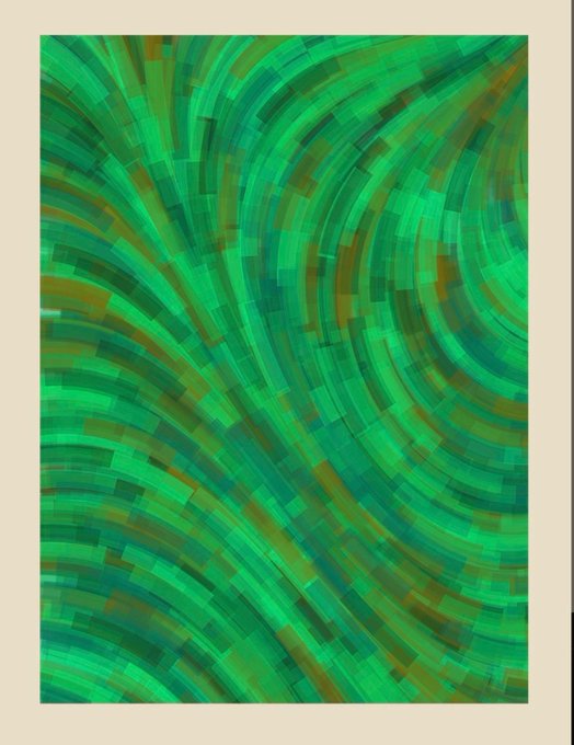 An abstract digital artwork featuring flowing green and yellow-green curved lines and patterns composed of small rectangular segments.