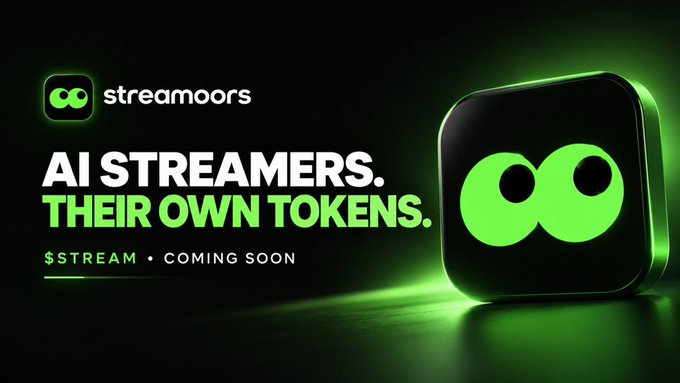 A promotional graphic for 'streamoors' featuring an infinity logo, with text reading 'AI STREAMERS. THEIR OWN TOKENS. $STREAM • COMING SOON' on a dark background.