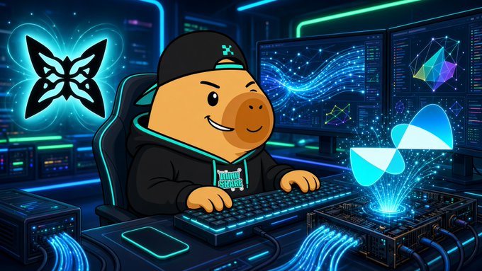 Cartoon-style illustration of a cap-wearing character at a computer desk, surrounded by a glowing butterfly and Ethereum (ETH) logo holograms.