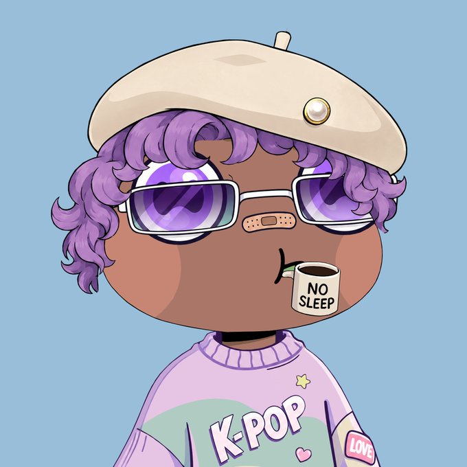 A cartoon avatar with purple hair, a beige beret, sunglasses, and a "NO SLEEP" coffee mug wears a K-POP sweater with a "LOVE" patch, embodying the caffeinated, sleep-deprived excitement of the Fwoghood NFT mint announcement tomorrow at 5 PM UTC on OpenSea.