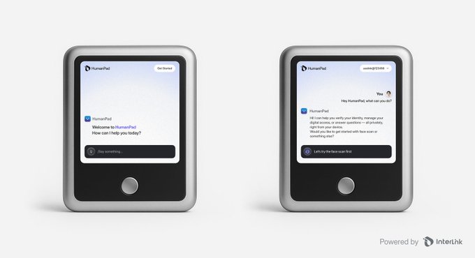 The image shows two HumanPad devices displaying a chat interface, with the left device showing a welcome message ("Welcome to HumanPad! How can I help you today?") and the right device displaying a privacy explanation about how HumanPad helps users manage digital identity and answers questions without storing personal data. The devices feature the HumanPad branding and are "Powered by Interlink," visually supporting the post's emphasis on Interlink's HumanPad as a foundational infrastructure piece alongside its Mini App Market, IBTE, and L1 Payments ecosystem.