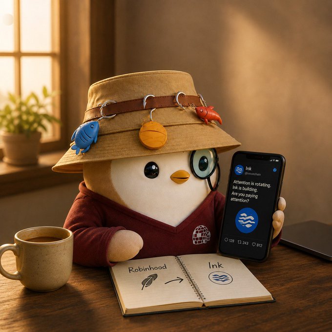 A plush penguin character wearing a decorated bucket hat and maroon sweater holds a smartphone displaying a post about Ink ($inkchain) from Robinhood, with a notebook showing 'Robinhood → Ink' and a coffee mug nearby.