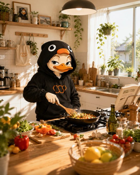 The image features a person dressed as a duck standing at a kitchen counter with various ingredients such as tomatoes, lemons, and other fruits and vegetables spread out around them. The kitchen appears to be well-equipped with appliances like an oven and a sink. A potted plant is also visible in the scene. The post seems to be discussing the importance of adapting to market conditions or challenging situations, which can be related to the duck character's situation as they prepare food at home during uncertain times.