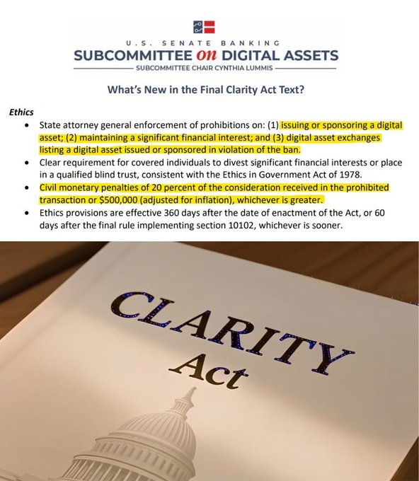 An informational slide from the 'U.S. Senate Banking Subcommittee on Digital Assets' discussing the 'Ethics' section of the final 'Clarity Act' text, with a photo of the document below.
