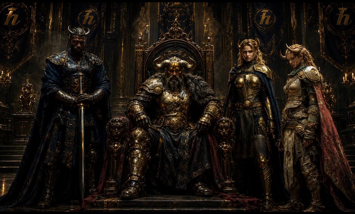 The image features three people dressed in medieval-style armor standing around a throne. The person at the center of the group is wearing a crown, while the other two individuals are also wearing armor. They appear to be posing for a photo or participating in an event related to the Bullbarians.