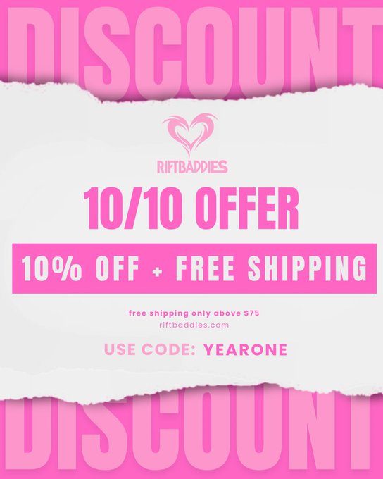 A pink and white promotional graphic for 'RIFTBADDIES' offering '10/10 OFFER' with '10% OFF + FREE SHIPPING' using the code 'YEARONE'.