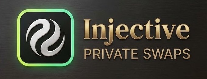 Promotional graphic for Injective featuring a green-outlined logo and the text “Injective PRIVATE SWAPS.” It illustrates the accompanying explanation of cross-chain privacy on $INJ, specifically private swaps powered by Nox Superswap and NEAR Confidential Intents.
