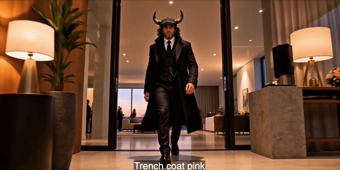 A man in a long trench coat and horned Viking-style helmet strides confidently through a modern hotel lobby, with the caption "Trench coat pink" at the bottom of the frame. The imposing, dramatic entrance visually reinforces the post's message of dominant swagger aimed at mocking the idea of beating ticker $TBB.