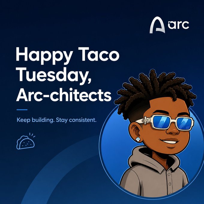 A promotional graphic for Arc reads 'Happy Taco Tuesday, Arc-chitects' with the tagline 'Keep building. Stay consistent.' alongside a cartoon character wearing blue sunglasses.