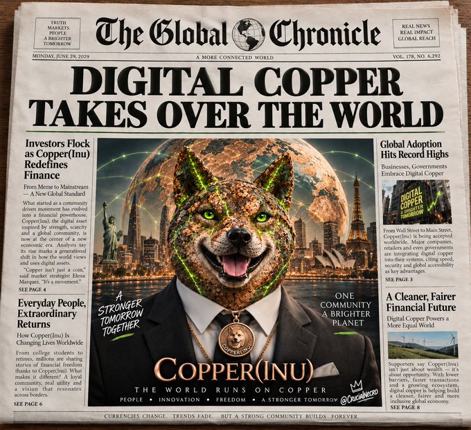 A newspaper called 'The Global Chronicle' features the headline 'DIGITAL COPPER TAKES OVER THE WORLD' with an image of a dog-headed businessman and articles about Copper(Inu).