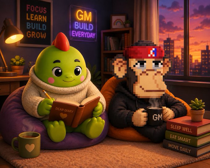 A whimsical digital illustration shows a green cartoon character writing in a 'Dear Diary' journal next to a pixelated monkey character wearing a red cap and holding a 'GM' mug, surrounded by motivational signs reading 'FOCUS LEARN BUILD GROW' and 'GM BUILD EVERYDAY.'