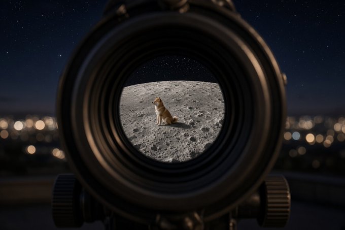 A dog sits on the moon's surface as seen through a telescope lens, with a starry night sky and blurred city lights in the background.