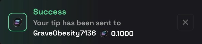 A digital success notification confirming that a tip of 0.1000 has been sent to the user 'GraveObesity7136'.