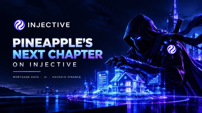 A promotional banner for Injective featuring a hooded ninja-like figure manipulating a holographic city with floating data panels, with text 'PINEAPPLE'S NEXT CHAPTER ON INJECTIVE - MORTGAGE DATA · AI · ONCHAIN FINANCE.'