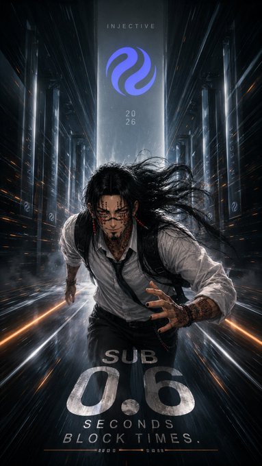 A dramatic promotional poster for Injective featuring a tattooed, long-haired character in a tie running forward, with text highlighting 'SUB 0.6 SECONDS BLOCK TIMES' and 'INJECTIVE 2026'.