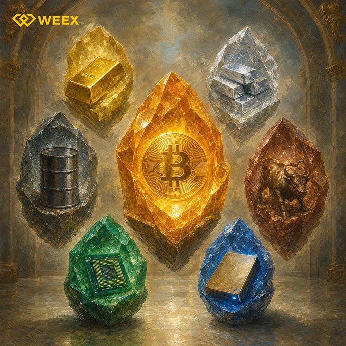 A WEEX cryptocurrency promotional artwork showing various commodities and assets (gold bars, silver bars, oil barrel, bull, Bitcoin, microchip, gold bar) each encased in crystal-like gemstones of different colors.