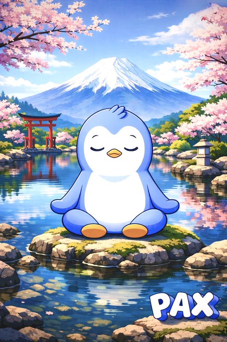 Anime-style illustration of a cute blue and white penguin character meditating on a rock in a Japanese garden setting, with Mt. Fuji and cherry blossoms in the background and the text 'PAX'.