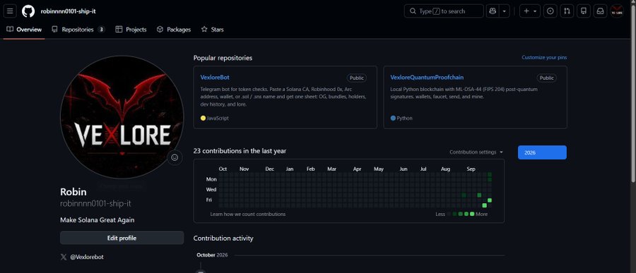 A GitHub profile page for "robinrnn0101-ship-it" displaying a "VEXLORE" logo, popular repositories including "VexloreBot" and "VexloreQuantumProofchain", and a 2026 contribution activity graph.