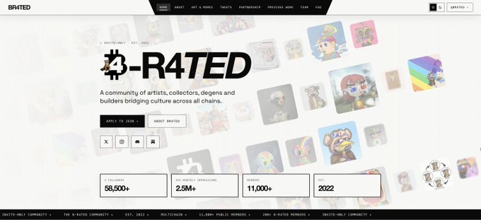 The image shows a work-in-progress website for "B-R4TED," described as "A community of artists, collectors, degens and builders bridging culture across all chains," featuring stats including 58,500+ followers, 2.5M+ monthly impressions, 11,000+ members, and an EST. date of 2022. The site displays NFT artwork in the background and includes navigation for sections like Join, About, NFT & Memes, and Partnerships—aligning with the post's mention of Chaorld building the new website amid a busy 48-hour period of revamping and launching initiatives.