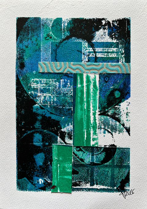 An abstract mixed-media collage features layered torn paper elements in shades of blue, teal, and green with patterned and textured surfaces, signed in the lower right corner.