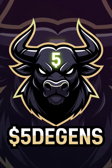 A fierce black bull logo with glowing green "5" eyes and a "5DEGENS" golden banner below, designed as a mascot for the "$5DEGENS" Solana memecoin featured in the Pumpfun launch announcement.