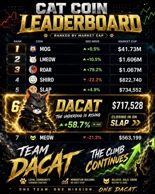 This image showcases a "Cat Coin Leaderboard" ranking 7 cryptocurrencies by market cap, with MOG in 1st place at $41.73M, and DACAT highlighted in 6th place at $717,528 with a +58.7% gain in 30 days, accompanied by the tagline "The underdog is rising" and "Team DACAT - The Climb Continues."