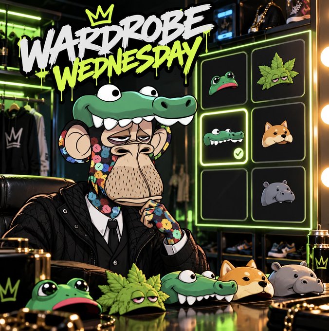 A vibrant graphic titled 'WARDROBE WEDNESDAY' features a cartoon monkey wearing a floral shirt and alligator hat, displayed in a streetwear-style shop with various character icons.