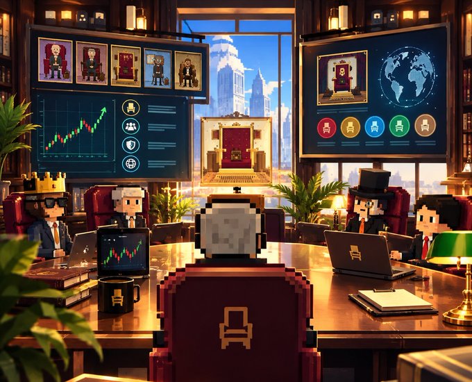 A pixel art-style image depicts a boardroom scene with blocky characters seated around a large table, featuring stock charts and a throne-like chair against a city backdrop.