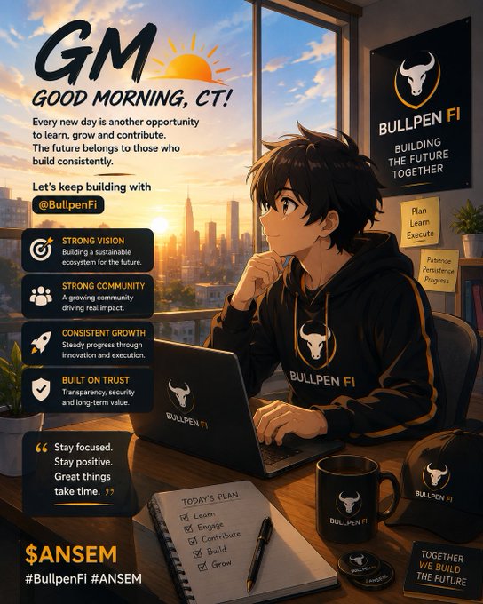 An illustrated 'Good Morning' graphic featuring an anime-style character with a BullpenFi branded laptop and hoodie, promoting the brand with motivational text.