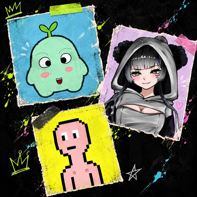 A colorful street-art style collage featuring three polaroid-style illustrations: a cute green sprout creature, a pink pixel-art figure, and an anime girl with black hair in a gray hoodie.