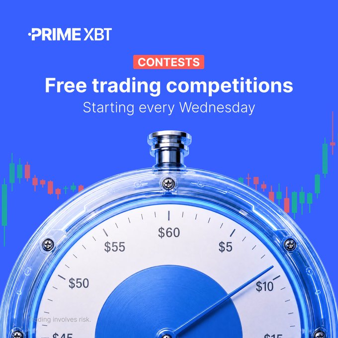 A promotional graphic for PrimeXBT advertises 'Free trading competitions' starting every Wednesday, featuring a stopwatch graphic and candlestick chart elements on a blue background.