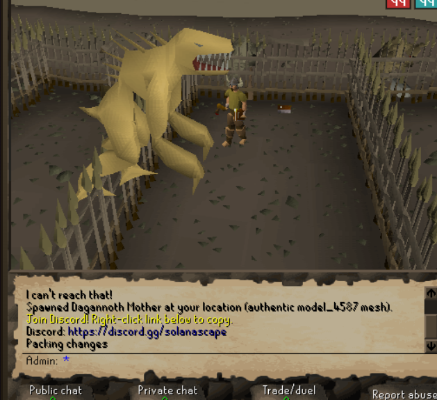 Old School RuneScape screenshot showing a player facing a large Daggonoth Mother in a fenced arena, with public chat messages including 'I can't reach that!' and a Discord link to discord.gg/solanascape.