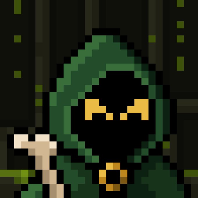 A pixel art portrait of a hooded, mysterious figure wearing a green cloak with glowing yellow eyes, holding what appears to be a wooden staff, set against a dark background with green digital elements.