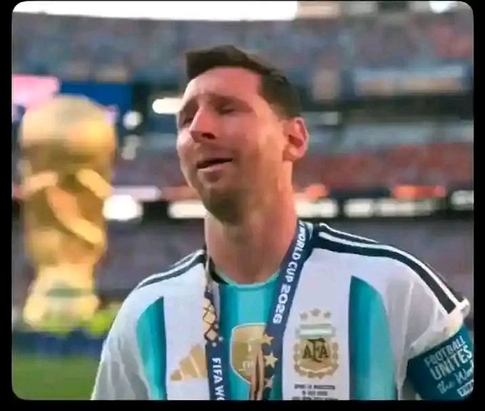 Lionel Messi in his Argentina national team jersey, eyes closed, with the FIFA World Cup 2022 medal visible around his neck.
