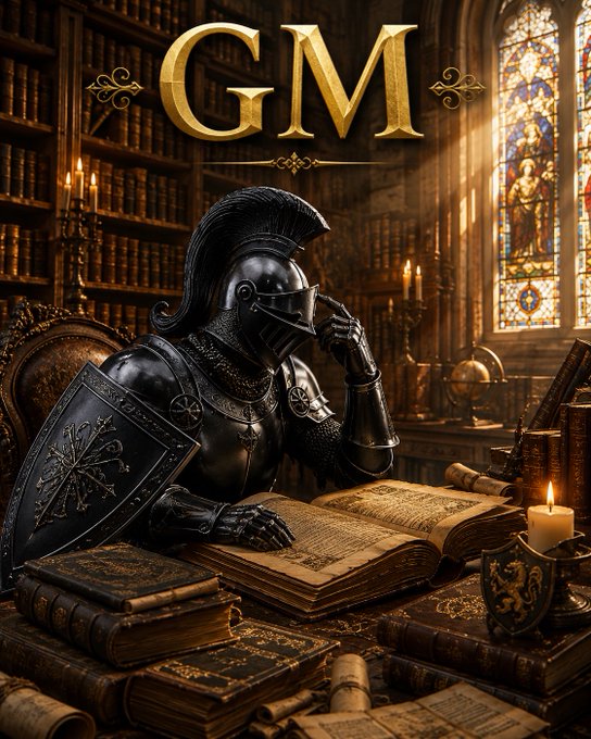 Fantasy image of a knight in black armor seated in a library reading a book, with ornate 'GM' lettering at the top and stained glass windows in the background.