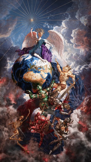 An elaborate classical-style painting depicting an angel at the top of the world reaching toward a star, with various skeletal, armored, and robed figures climbing or falling below amid dramatic clouds.